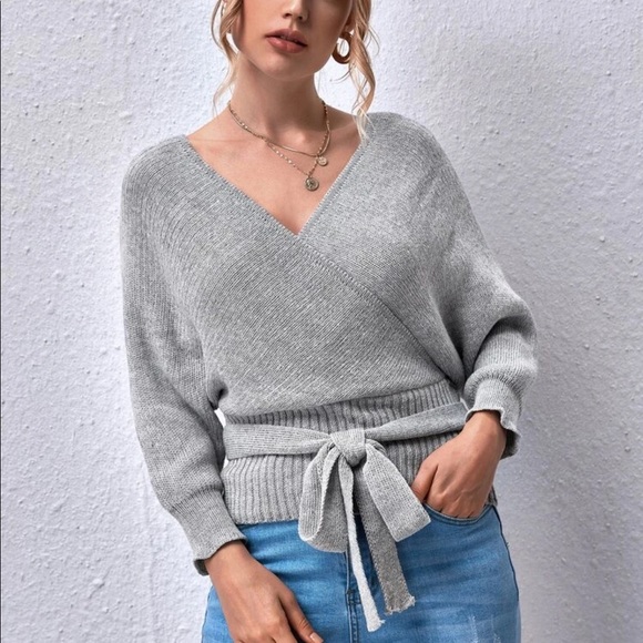 Knit v neck wrap sweater surplice belted burgundy - Picture 5 of 8